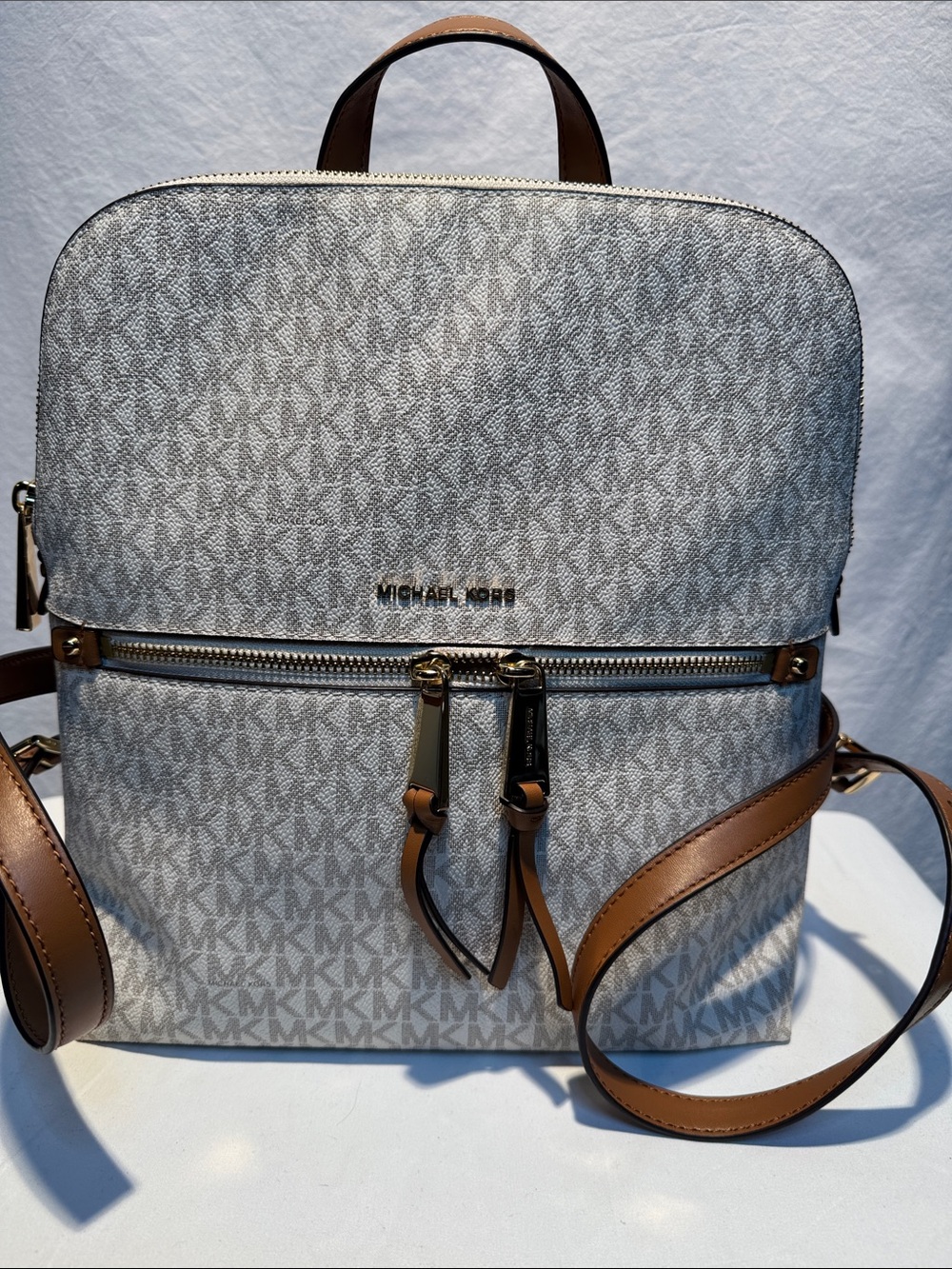 Michael Kors Gray MK Signature Backpack with Brown Leather Trim